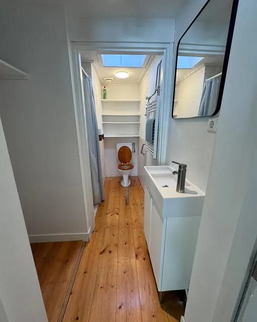 Smalle badkamer met houten vloer, daklicht en nieuw sanitair